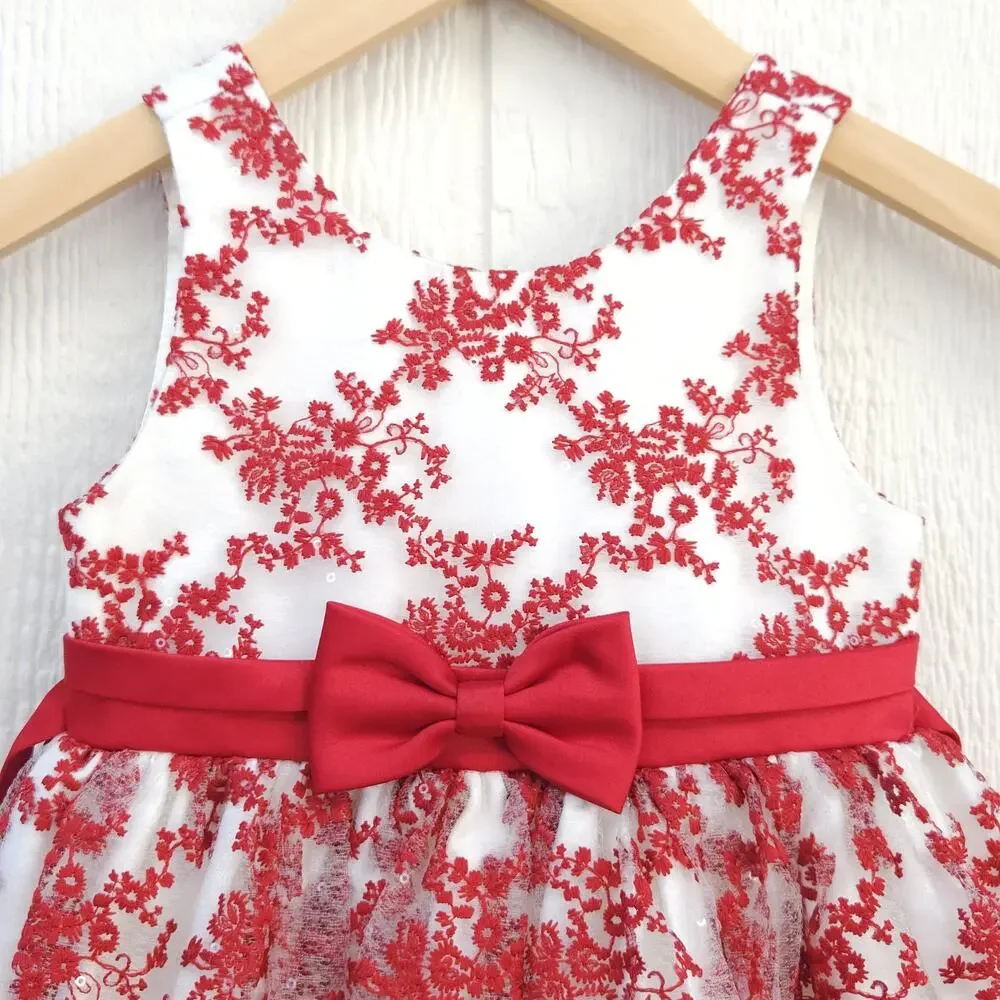 American Princess 3T Red Holiday Party Dress Floral Embroidery Tulle Formal EUC